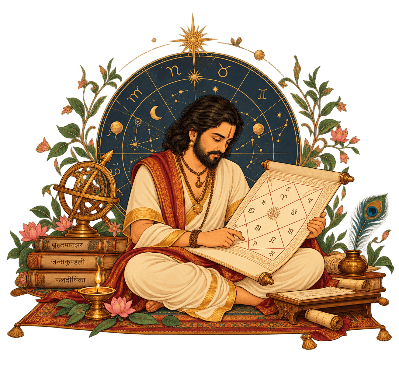 An astrologer reading a Kundli